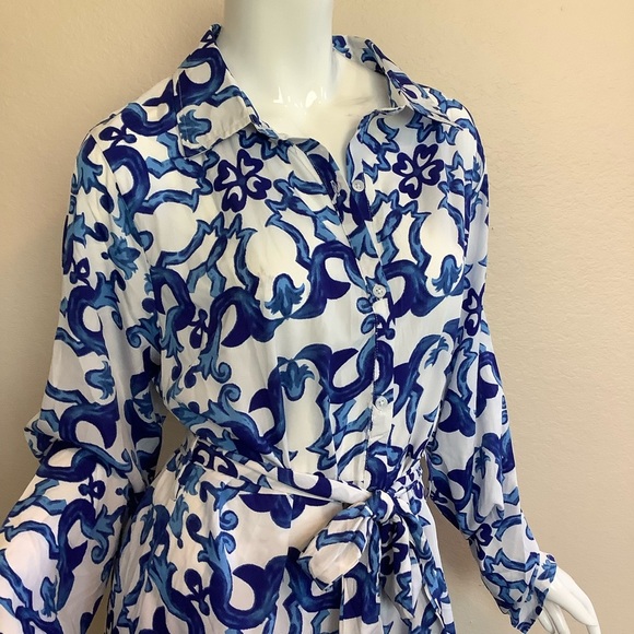 Blue and White Patterned Women's Shirt Dress - Picture 6 of 7